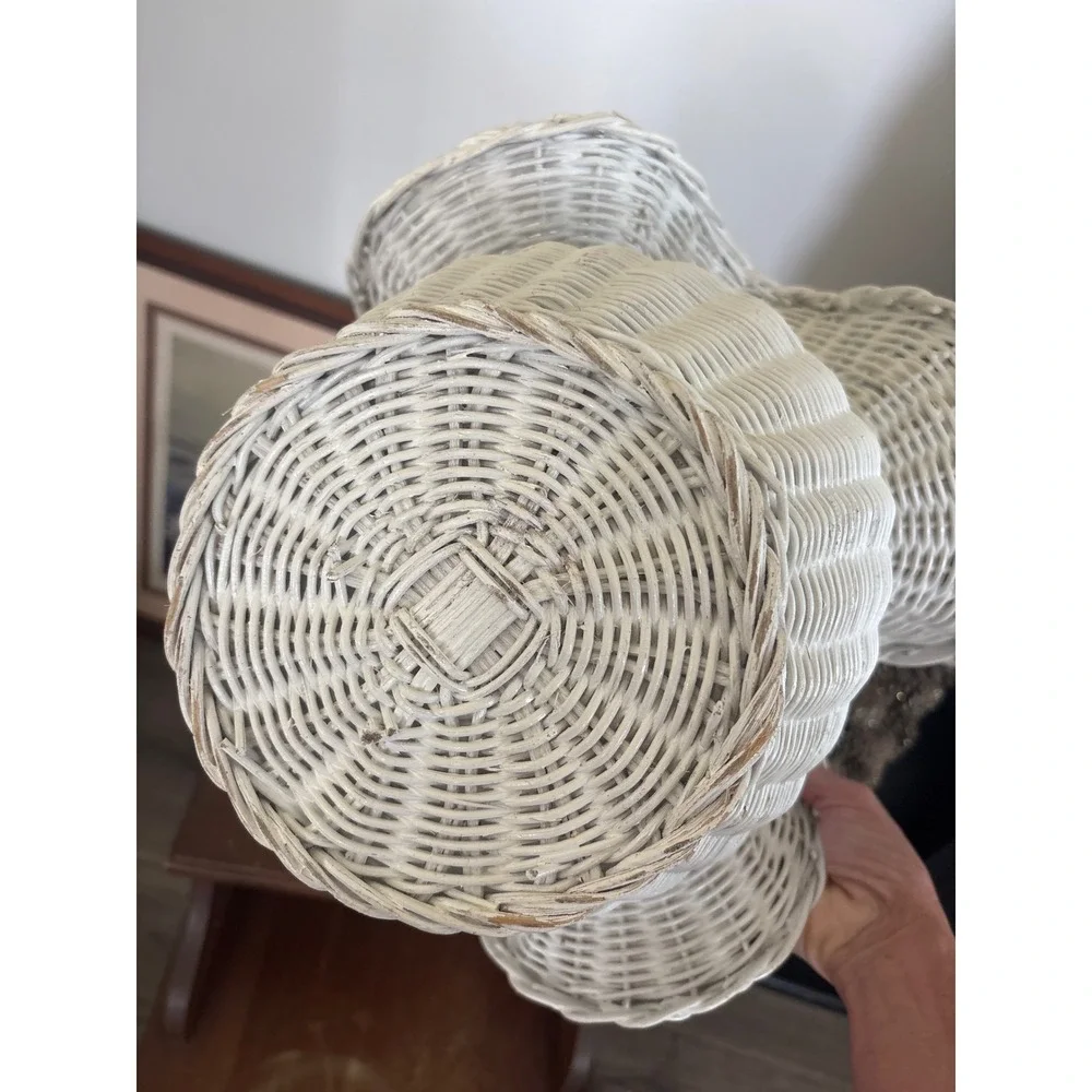 Vintage White Wicker Ruffled Scalloped Basket Tall Braided Handle Cottagecore
